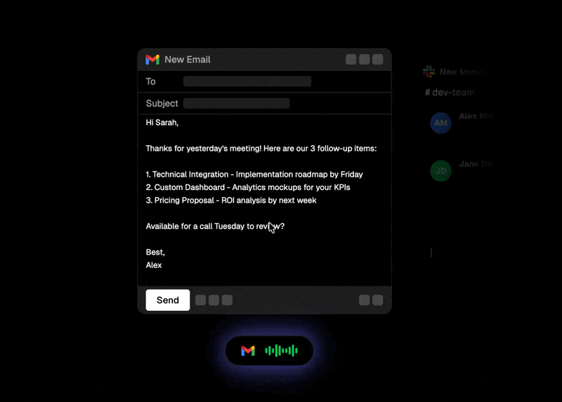Amical floating recorder dictating a structured follow-up email in Gmail